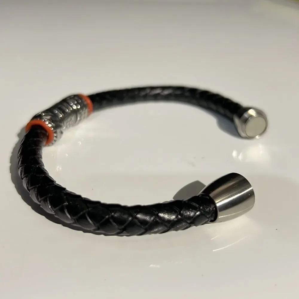 Braided Leather Bracelet Silver Tone & Red | Magnet Clasp